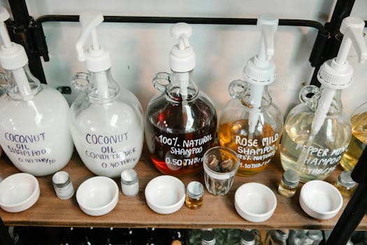 Bouteilles en verre contenant des shampoings naturels et des soins capillaires sur une étagère en bois.