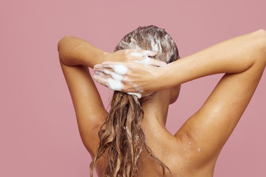 Femme lavant ses cheveux avec du shampoing, dos tourné, sur fond rose.