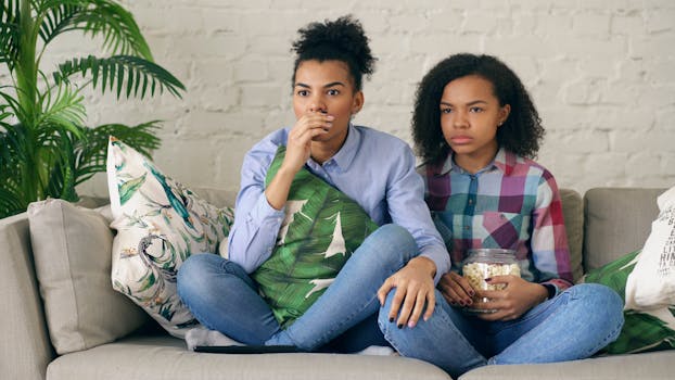 Deux jeunes femmes assises sur un canapé, regardant un film avec des expressions concentrées, l'une tenant un bol de pop-corn